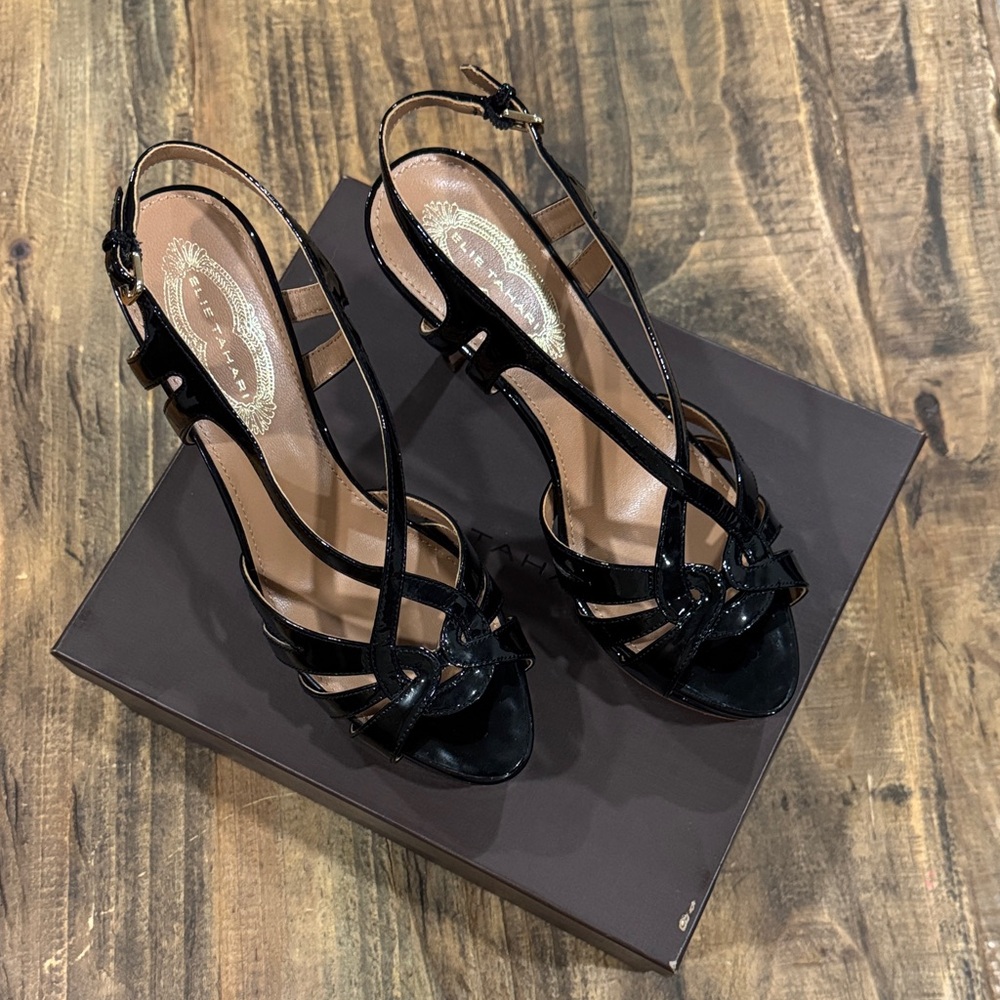 Elie Tahari Black Leather High Heel Sandals Size 37 With Box EUC